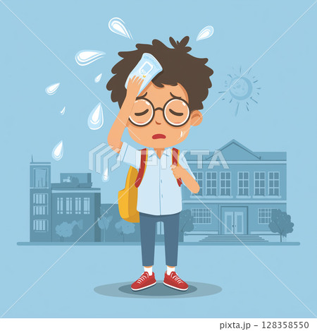 猛暑に汗をかく学生/小学生/中学生/高校のイラスト ─ 暑さ対策や熱中症予防に関連する教育・医療素材 猛暑に汗をかく学生/小学生/中学生/高校のイラスト ─ 暑さ対策や熱中症予防に関連する教育・医療素材 128358550