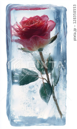 氷に閉じ込められた赤いバラ ─ 静寂と美しさが共存する幻想的なフラワーアート 氷に閉じ込められた赤いバラ ─ 静寂と美しさが共存する幻想的なフラワーアート 128358553