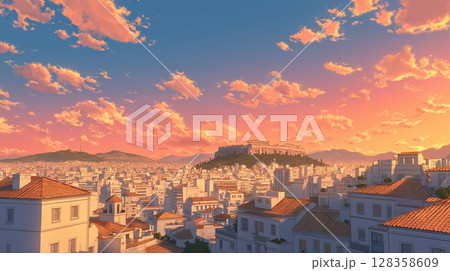 茜色の空に染まる古代都市、アテネの黄昏 茜色の空に染まる古代都市、アテネの黄昏 128358609