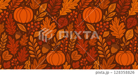 Vector seamless pattern with bright autumn leaves, acorns and pumpkins on brown background 128358826