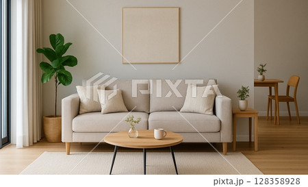 自然光が差し込む明るいリビング空間 128358928