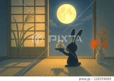満月と団子とうさぎの秋 お月見イラスト素材 満月と団子とうさぎの秋 お月見イラスト素材 128359089