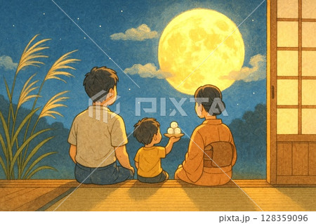 満月と団子とうさぎの秋 お月見イラスト素材 128359096