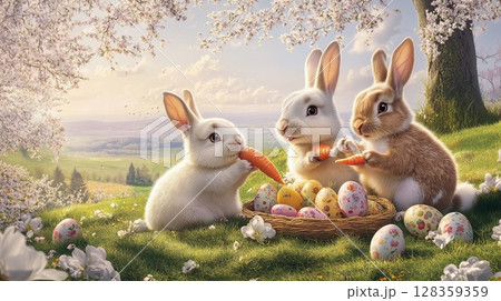 Three rabbits, one white, one brown, and one...のイラスト素材 [128359359] - PIXTA