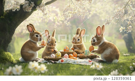 Four adorable rabbits are engaged in an Easter egg celebration in a lush garden. They are sitting on the grass, carefully holding colorful eggs as cherry blossoms surround them. 128359361