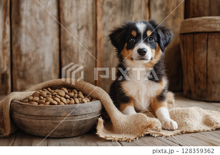 A cheerful puppy with a black and white coat sits next to a large bowl filled with dog food. The background features rustic wooden walls and a warm, cozy atmosphere. 128359362