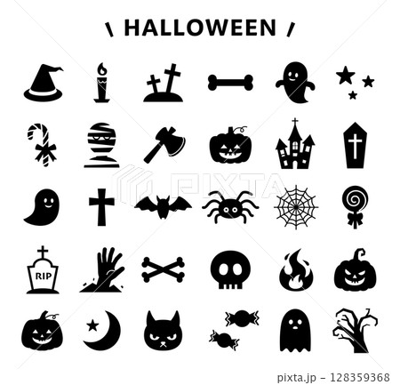 ハロウィンのイラストアイコンセット 線なし ベクター 黒 ハロウィンのイラストアイコンセット 線なし ベクター 黒 128359368