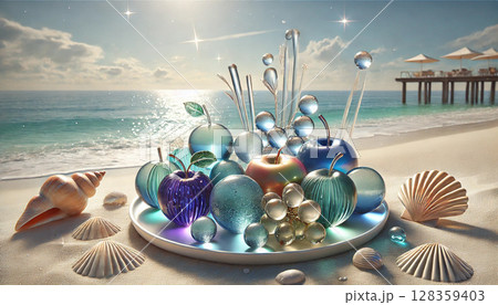 海辺にあるガラスでできたフルーツ 128359403