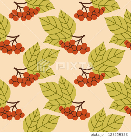 Autumn berry seamless pattern. Fall isolated berries on beige background. Square repeat pattern flat design for fall season. Autumn berry seamless pattern. Fall isolated berries on beige background. Square repeat pattern flat design for fall season. 128359528