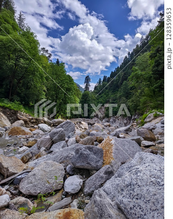 Rocky Forest Stream Bed Under Bright Blue Sky Rocky Forest Stream Bed Under Bright Blue Sky 128359653