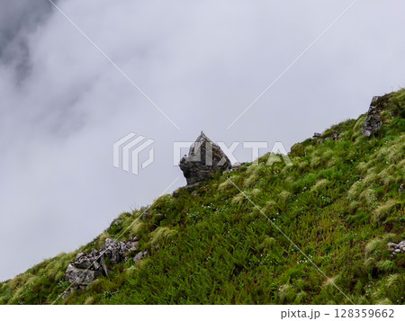 Solitary Rock on Misty Mountain Slope 128359662