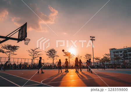 Sunset Basketball Game at Outdoor Arena with Team Players Enjoying Summer Day 128359800
