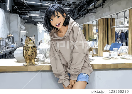 フクロウカフェ　梟と戯れる女性のイラスト素材　寄り添う 128360259