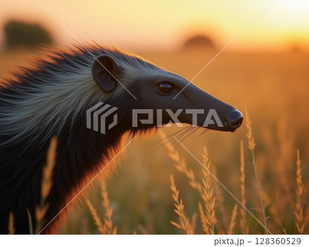 Giant Anteater in Golden Grassland Light with Detailed Fur and Elongated Snout Close-Up 128360529
