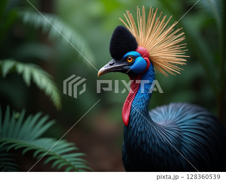 Vibrant Cassowary Portrait with Intricate Casque in Jungle Vibrant Cassowary Portrait with Intricate Casque in Jungle 128360539