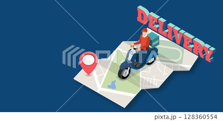 Speedy online delivery service: A delivery rider follows GPS to bring orders placed via mobile app directly to customers. 128360554