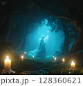 森の中で輝く月と炎の森 128360621