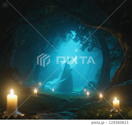 森の中で輝く月と炎の森 128360621