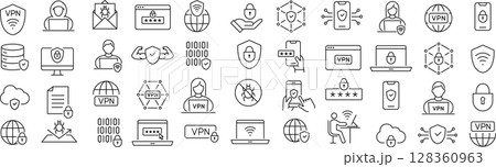 ベクターでモノクロのVPNに関する線画アイコンセット 128360963