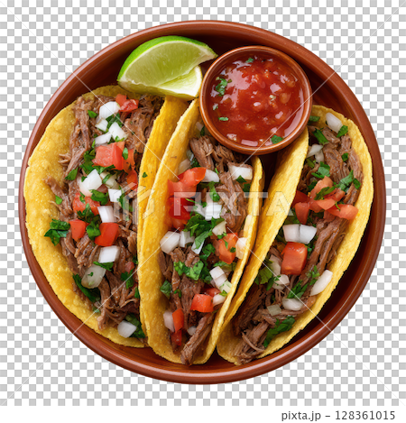 Delicious Beef Tacos Made with Seasoned Beef in Corn Tortillas Garnished with Fresh Toppings and Lime Delicious Beef Tacos Made with Seasoned Beef in Corn Tortillas Garnished with Fresh Toppings and Lime 128361015