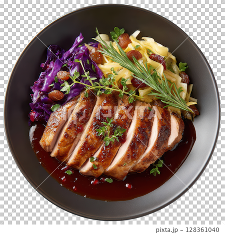 Pan Roasted Grouse Breast with Cranberry Jus, Sliced Chestnuts, and Braised Red Cabbage on Elegant Plate 128361040