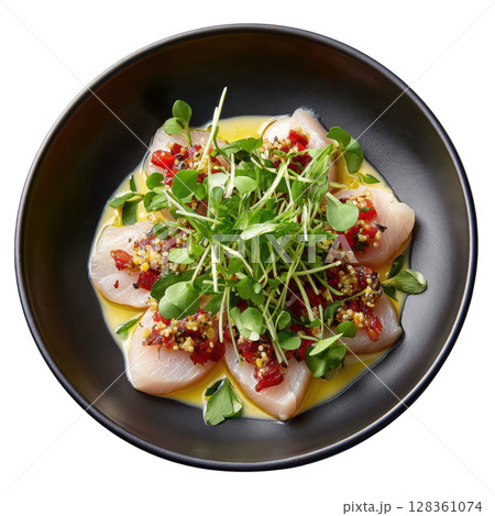 Delicate Kingfish Sashimi with Ponzu Lime Dressing and Toppings in Elegant Rosette Arrangement 128361074