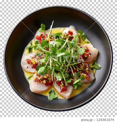 Delicate Kingfish Sashimi with Ponzu Lime Dressing and Toppings in Elegant Rosette Arrangement 128361074