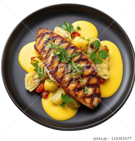 Grilled Red Mullet Fillet with Crispy Skin, Saffron Aioli, Roasted Artichokes, and Lemon Zest on Elegant Plate Grilled Red Mullet Fillet with Crispy Skin, Saffron Aioli, Roasted Artichokes, and Lemon Zest on Elegant Plate 128361077