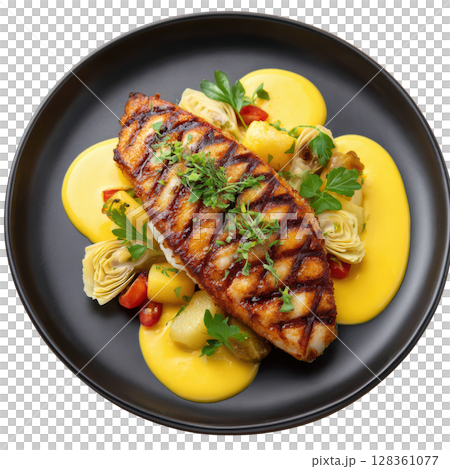 Grilled Red Mullet Fillet with Crispy Skin, Saffron Aioli, Roasted Artichokes, and Lemon Zest on Elegant Plate Grilled Red Mullet Fillet with Crispy Skin, Saffron Aioli, Roasted Artichokes, and Lemon Zest on Elegant Plate 128361077