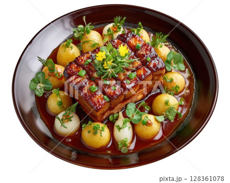 Crispy Pork Cheek with Golden Texture on Smoked Apple Puree and Glazed Baby Parsnips with Micro Apple Blossom 128361078