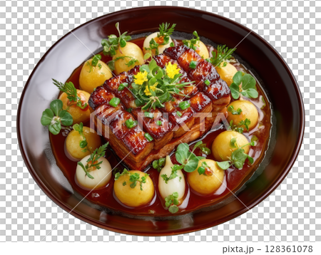 Crispy Pork Cheek with Golden Texture on Smoked Apple Puree and Glazed Baby Parsnips with Micro Apple Blossom 128361078