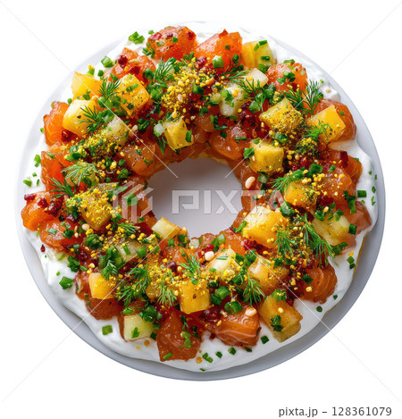 Smoked Haddock Tartare with Apple and Celery, Molded into Ring, Topped with Creme Fraiche and Dill Pollen 128361079