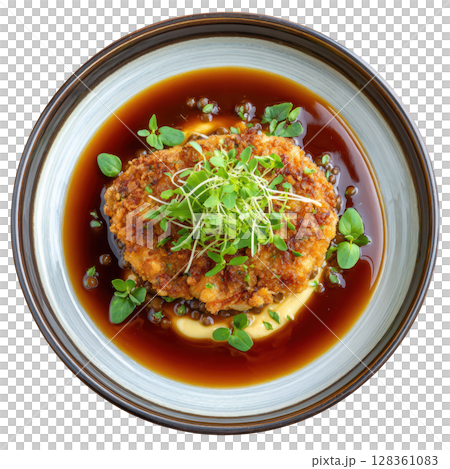 Crispy Veal Sweetbreads on Lentil Puree with Glazed Shallots and Sherry Jus in Elegant Presentation 128361083