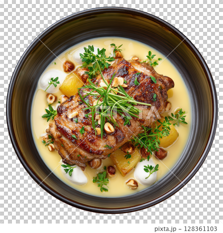 Tender Braised Rabbit Leg with Dijon Mustard Jus, Parsnip Puree, and Roasted Hazelnuts Served in Elegant Dish Tender Braised Rabbit Leg with Dijon Mustard Jus, Parsnip Puree, and Roasted Hazelnuts Served in Elegant Dish 128361103