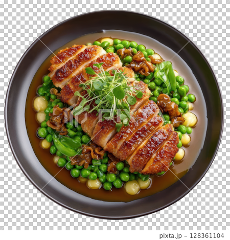 Pan-Seared Sweetbreads on Pea Puree with Glazed Morels and Micro Peas, Golden and Crisp Presentation Pan-Seared Sweetbreads on Pea Puree with Glazed Morels and Micro Peas, Golden and Crisp Presentation 128361104