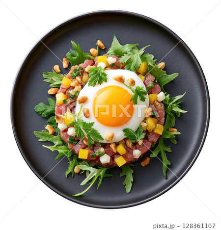 Seared Venison Tartare with Quail Egg Yolk and Pine Nut Brittle on a Bed of Arugula and Fresh Herbs 128361107
