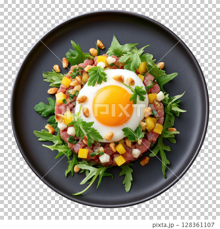 Seared Venison Tartare with Quail Egg Yolk and Pine Nut Brittle on a Bed of Arugula and Fresh Herbs 128361107