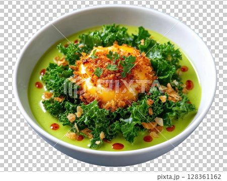 Vibrant Green Kale and White Cheddar Veloute Soup with Tasty Cheddar Crumble and Kale Chips 128361162