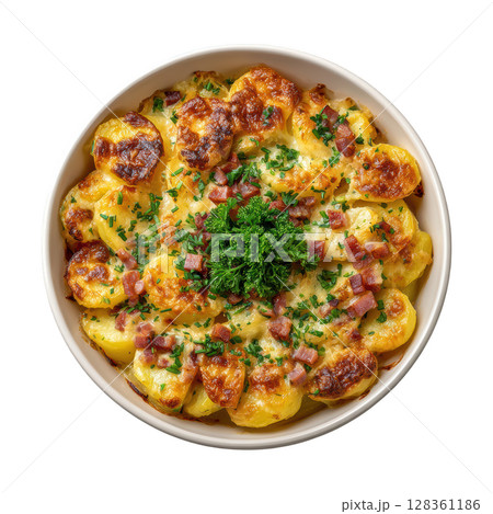 Delicious Tartiflette Dish Featuring Potatoes, Reblochon Cheese, Lardons, and Onions Baked to Perfection 128361186