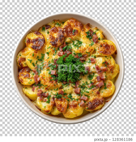 Delicious Tartiflette Dish Featuring Potatoes, Reblochon Cheese, Lardons, and Onions Baked to Perfection 128361186