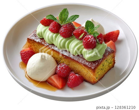 Moist Pistachio Financier Cake with Cream, Fresh Raspberries, and Powdered Sugar Dusting on a White Plate 128361210