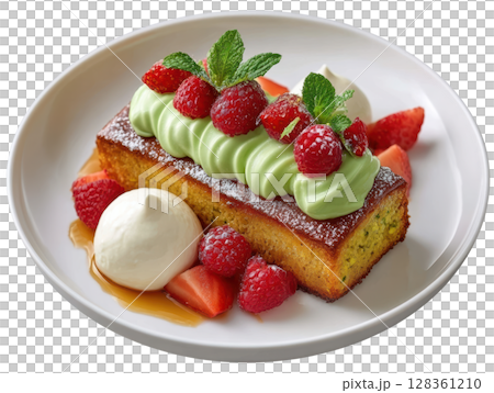 Moist Pistachio Financier Cake with Cream, Fresh Raspberries, and Powdered Sugar Dusting on a White Plate 128361210