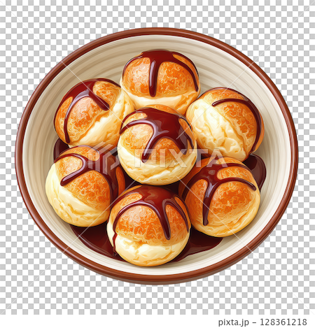 Classic Profiteroles with Chocolate Sauce and Vanilla Cream in a Bowl 128361218