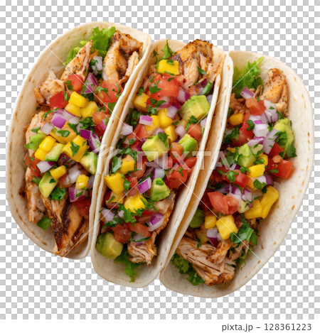 Grilled Chicken Tacos with Fresh Salsa and Avocado in Corn Tortillas 128361223