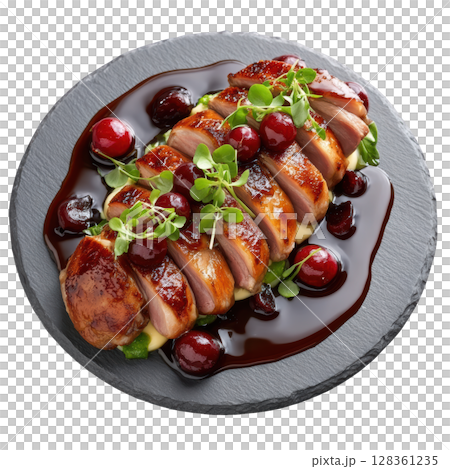 Artfully Presented Sliced Roasted Pigeon Breast Garnished with Black Garlic Puree and Pickled Cherries on Slate Plate Artfully Presented Sliced Roasted Pigeon Breast Garnished with Black Garlic Puree and Pickled Cherries on Slate Plate 128361235