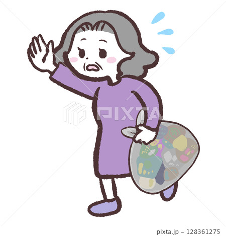 ゴミ袋をもって走るシニア女性のイラスト 128361275