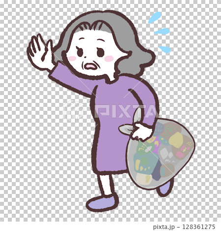 ゴミ袋をもって走るシニア女性のイラスト 128361275