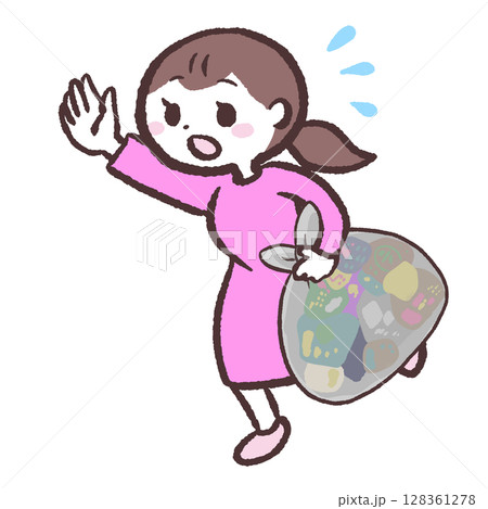 ゴミ袋を持って走る女性のイラスト 128361278