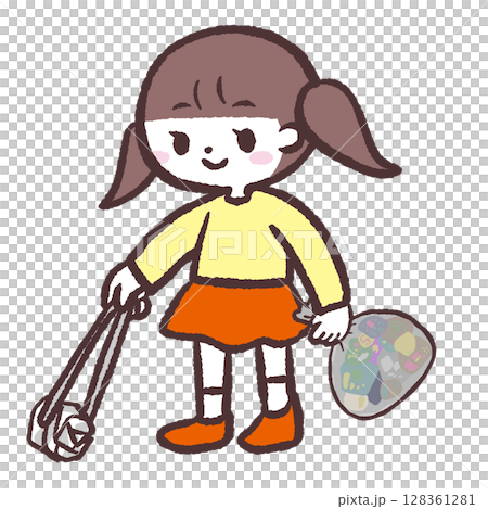 Illustration of a girl picking up trash 128361281
