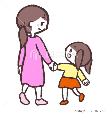 女の子親子が手をつないで歩くイラスト 女の子親子が手をつないで歩くイラスト 128361286